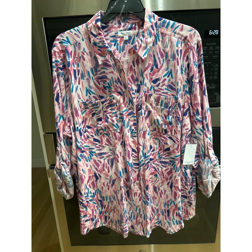 New Westbound linen blend button up blouse pink blue plus 3X roll‎ tab sleeves